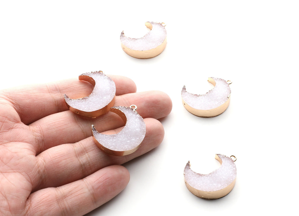 Druzy Earring Charms - White Resin Copper Earrings for Left Side - Big Moon Shaped Pendant  - 30.42x22.96x8.36mm - RC1004E - DOMEDBAZAAR
