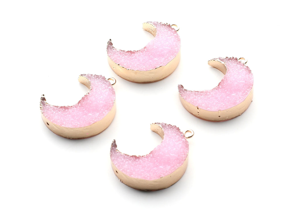 Druzy Earring Charms - Pink Resin Copper Earrings for Left Side - Big Moon Shaped Pendant  - 30.42x22.96x8.36mm - RC1004F - DOMEDBAZAAR
