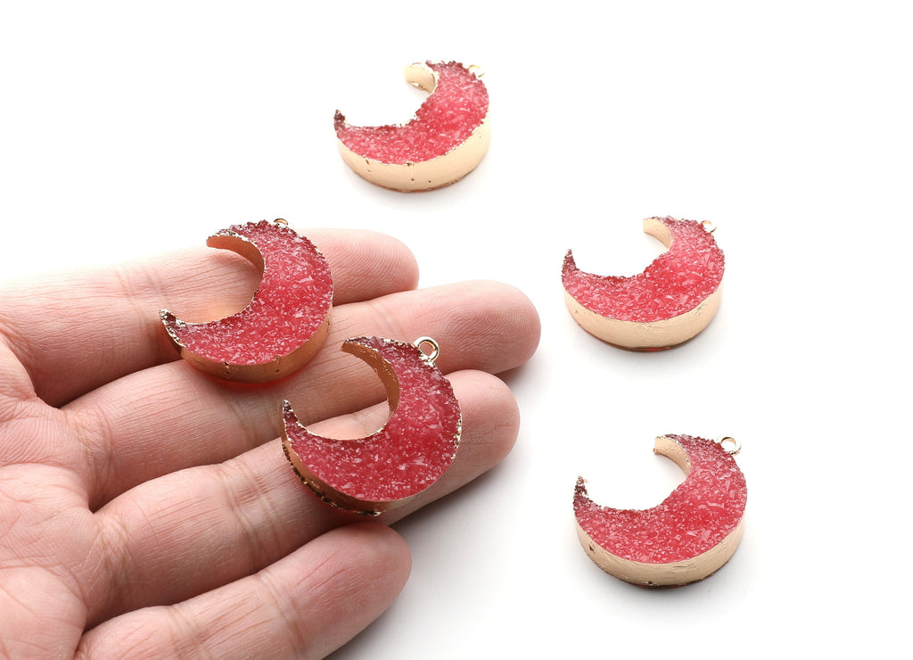 Druzy Earring Charms - Dark Pink Resin Copper Earrings for Left Side - Big Moon Shaped Pendant  - 30.42x22.96x8.36mm - RC1004N - DOMEDBAZAAR