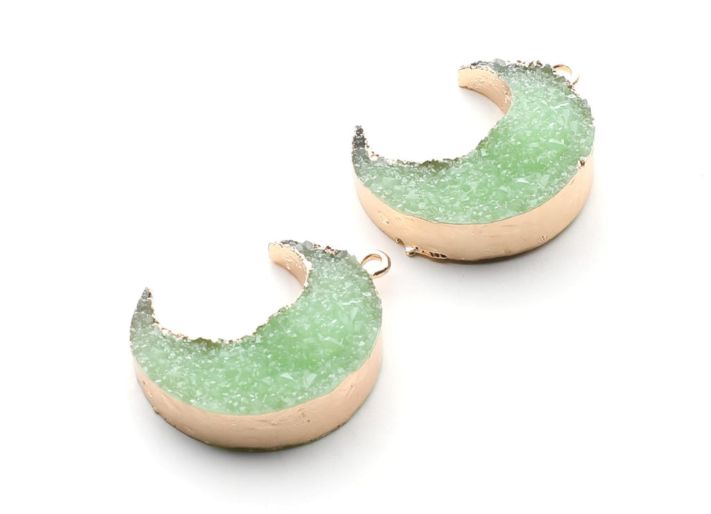 Druzy Earring Charms - Light Green Resin Copper Earrings for Left Side - Big Moon Shaped Pendant  - 30.42x22.96x8.36mm - RC1004P - DOMEDBAZAAR