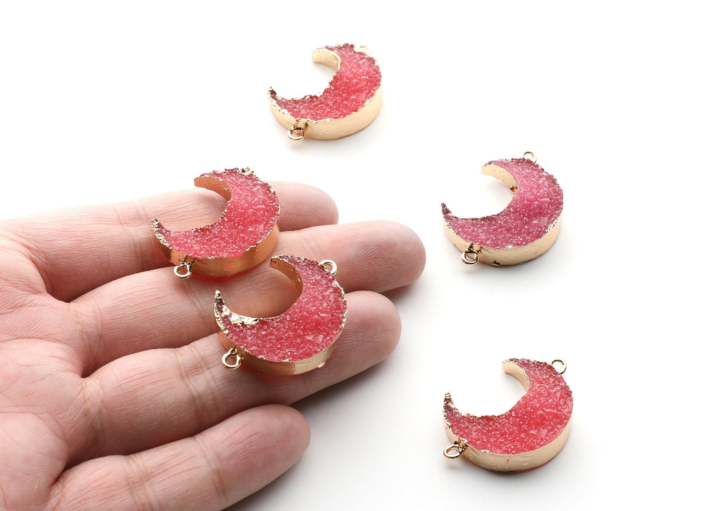 Druzy Bracelet and Necklace Charms - Dark Pink Resin Copper Bracelet and Necklace - Big Moon Shaped Pendant - 34x23.4x8.5mm - RC1003B - DOMEDBAZAAR