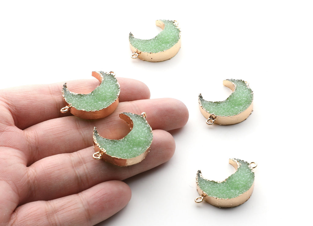 Druzy Bracelet and Necklace Charms - Light Green Resin Copper Bracelet and Necklace - Big Moon Shaped Pendant - 34x23.4x8.5mm - RC1003J - DOMEDBAZAAR