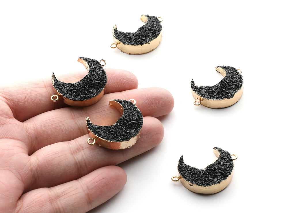 Druzy Bracelet and Necklace Charms - Black Resin Copper Bracelet and Necklace - Big Moon Shaped Pendant - 34x23.4x8.5mm - RC1003K - DOMEDBAZAAR