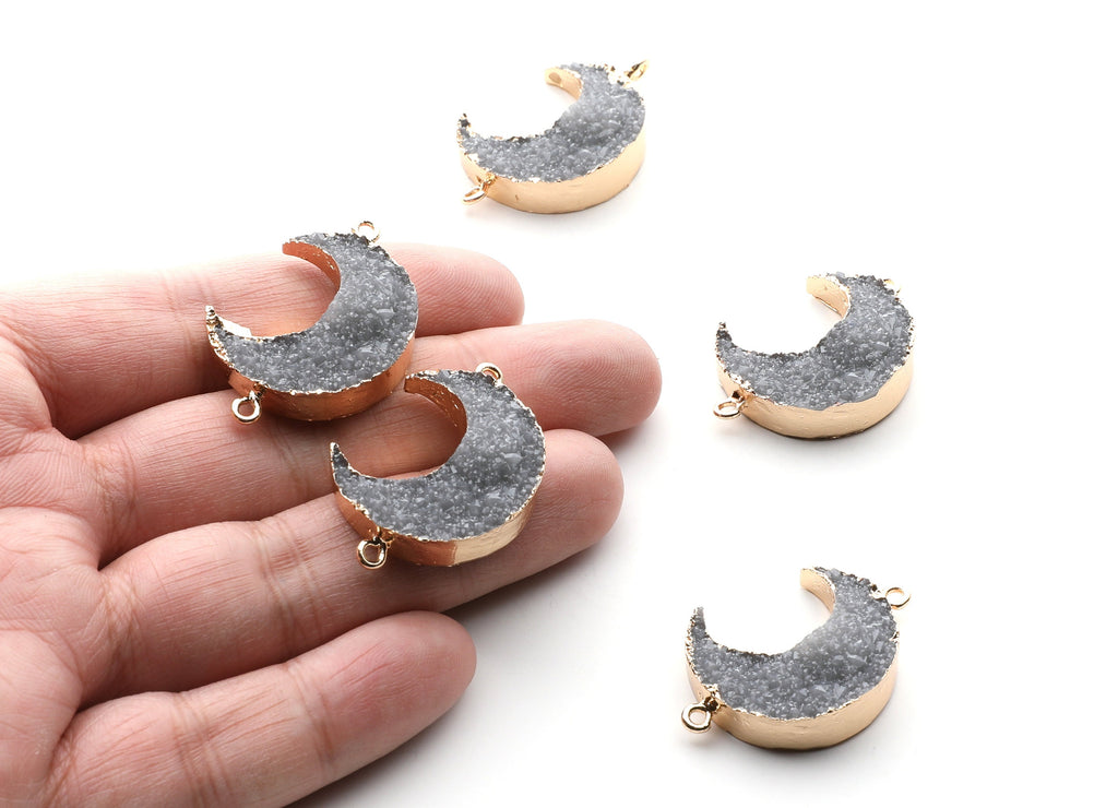 Druzy Bracelet and Necklace Charms - Gray Resin Copper Bracelet and Necklace - Big Moon Shaped Pendant - 34x23.4x8.5mm - RC1003N - DOMEDBAZAAR
