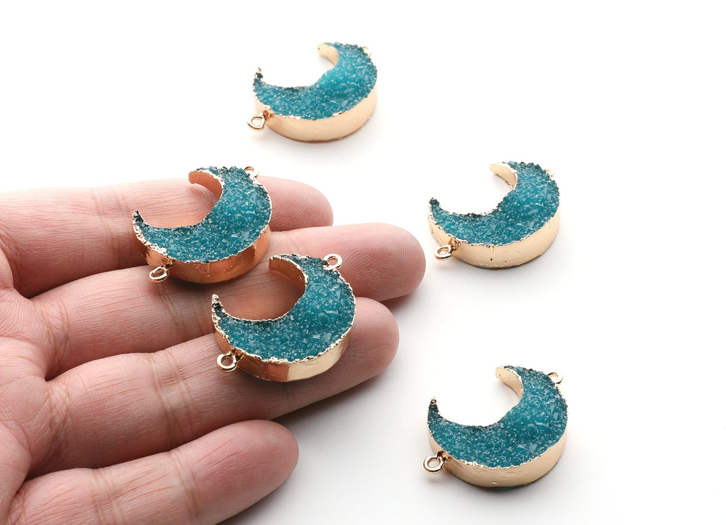Druzy Bracelet and Necklace Charms - Light Blue Resin Copper Bracelet and Necklace - Big Moon Shaped Pendant - 34x23.4x8.5mm - RC1003O - DOMEDBAZAAR
