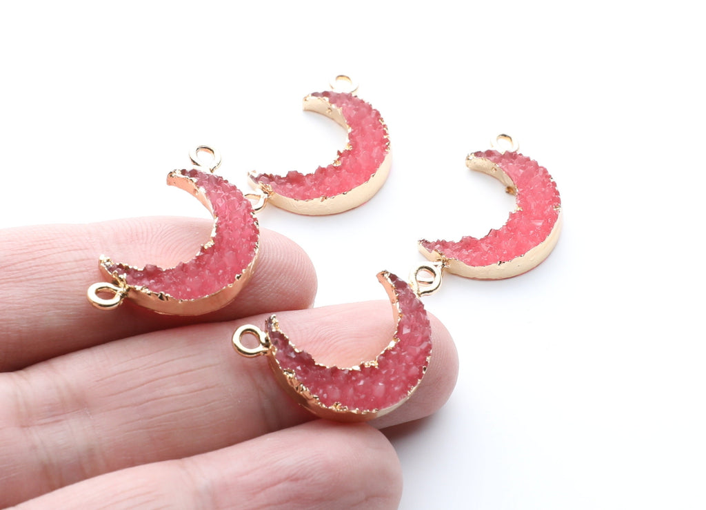 Druzy Bracelet and Necklace Charms - Dark Pink Resin Copper Bracelet and Necklace - Moon Shaped Pendant - 26.5x15.5x4.77mm - RC1005B - DOMEDBAZAAR
