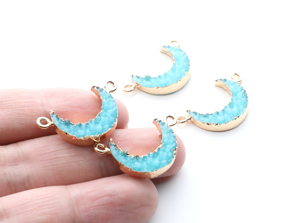 Druzy Bracelet and Necklace Charms - Light Blue Resin Copper Bracelet and Necklace - Moon Shaped Pendant - 26.5x15.5x4.77mm - RC1005H - DOMEDBAZAAR