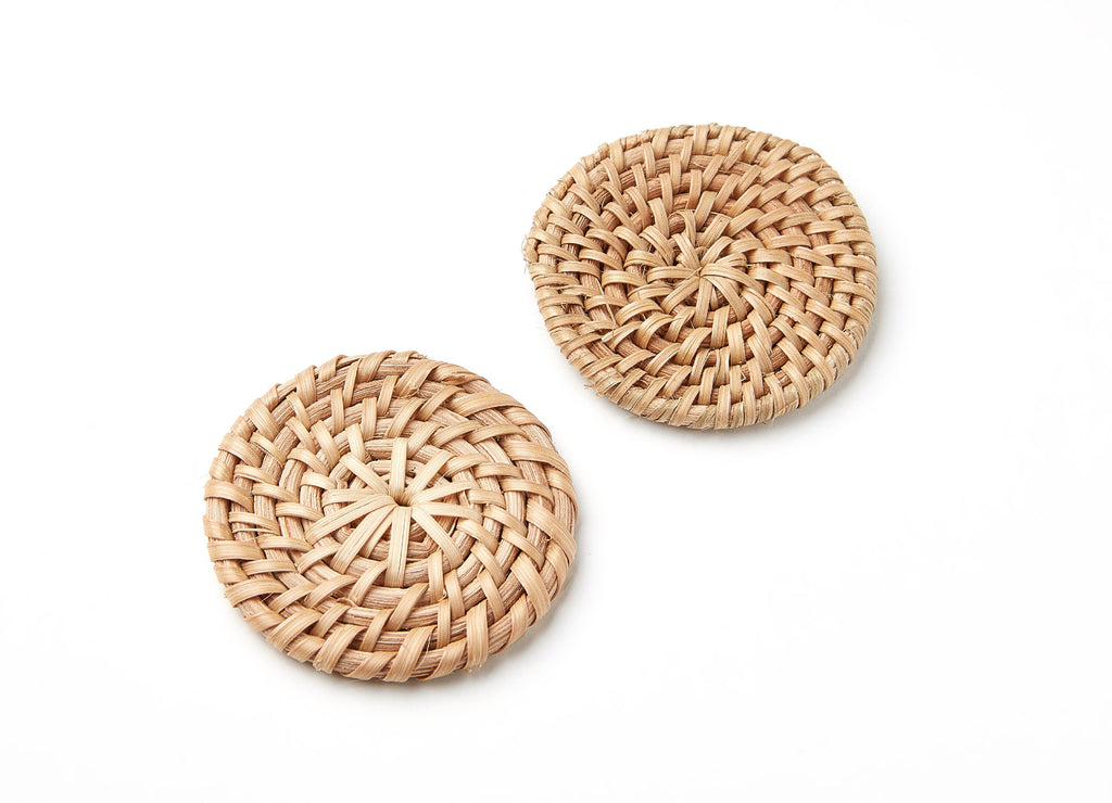 Handwoven Rattan Earrings - Coin Shaped Rattan Pendant - Wooden Straw Earring - Jewelery Handmade - 48.74x48.74x5.2mm - RT1033 - DOMEDBAZAAR