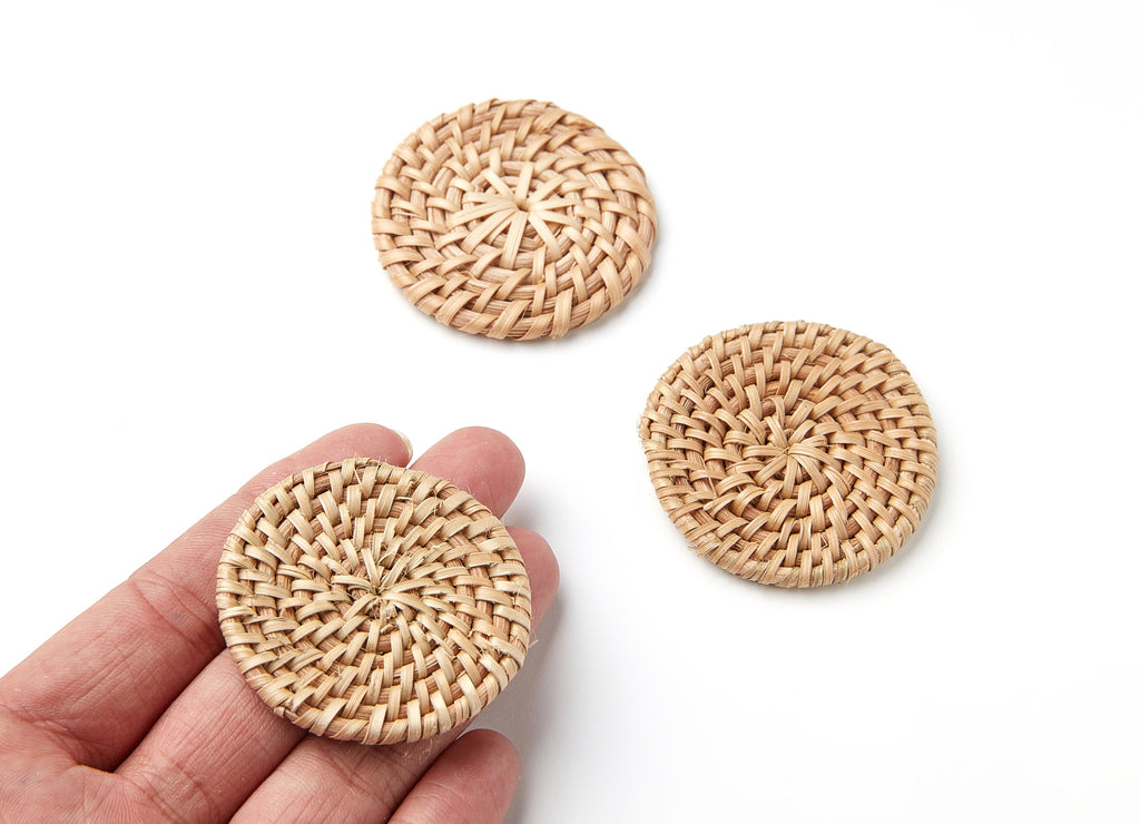 Handwoven Rattan Earrings - Coin Shaped Rattan Pendant - Wooden Straw Earring - Jewelery Handmade - 48.74x48.74x5.2mm - RT1033 - DOMEDBAZAAR