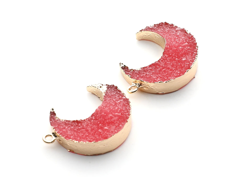Druzy Earring Charms - Red Resin Copper Earrings for Right Side - Big Moon Shaped Pendant  - 30.42x22.96x8.36mm - RC1002B - DOMEDBAZAAR