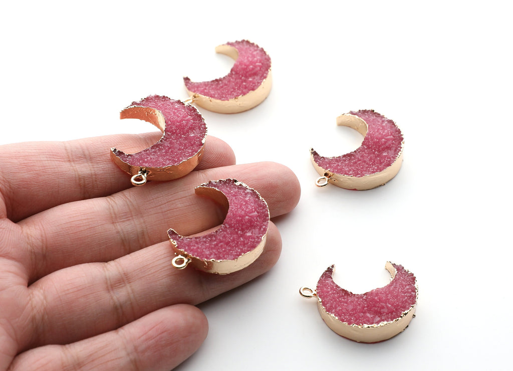 Druzy Earring Charms - Dark Pink Resin Copper Earrings for Right Side - Big Moon Shaped Pendant  - 30.42x22.96x8.36mm - RC1002C - DOMEDBAZAAR