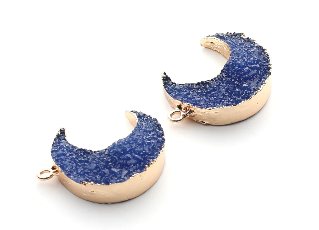 Druzy Earring Charms - Dark Blue Resin Copper Earrings for Right Side - Big Moon Shaped Pendant  - 30.42x22.96x8.36mm - RC1002F - DOMEDBAZAAR