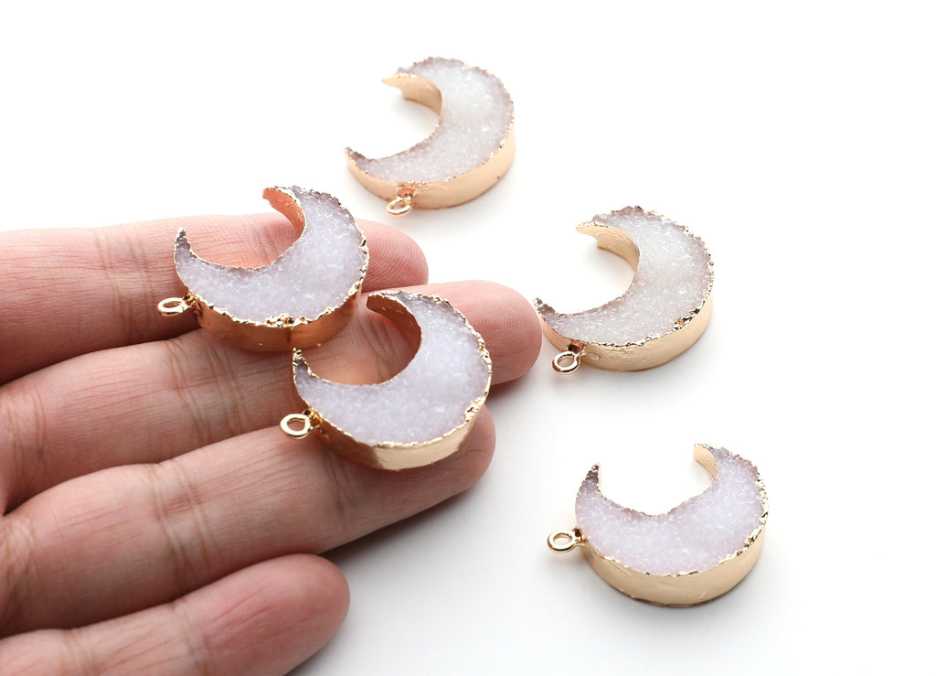 Druzy Earring Charms - White Resin Copper Earrings for Right Side - Big Moon Shaped Pendant  - 30.42x22.96x8.36mm - RC1002G - DOMEDBAZAAR