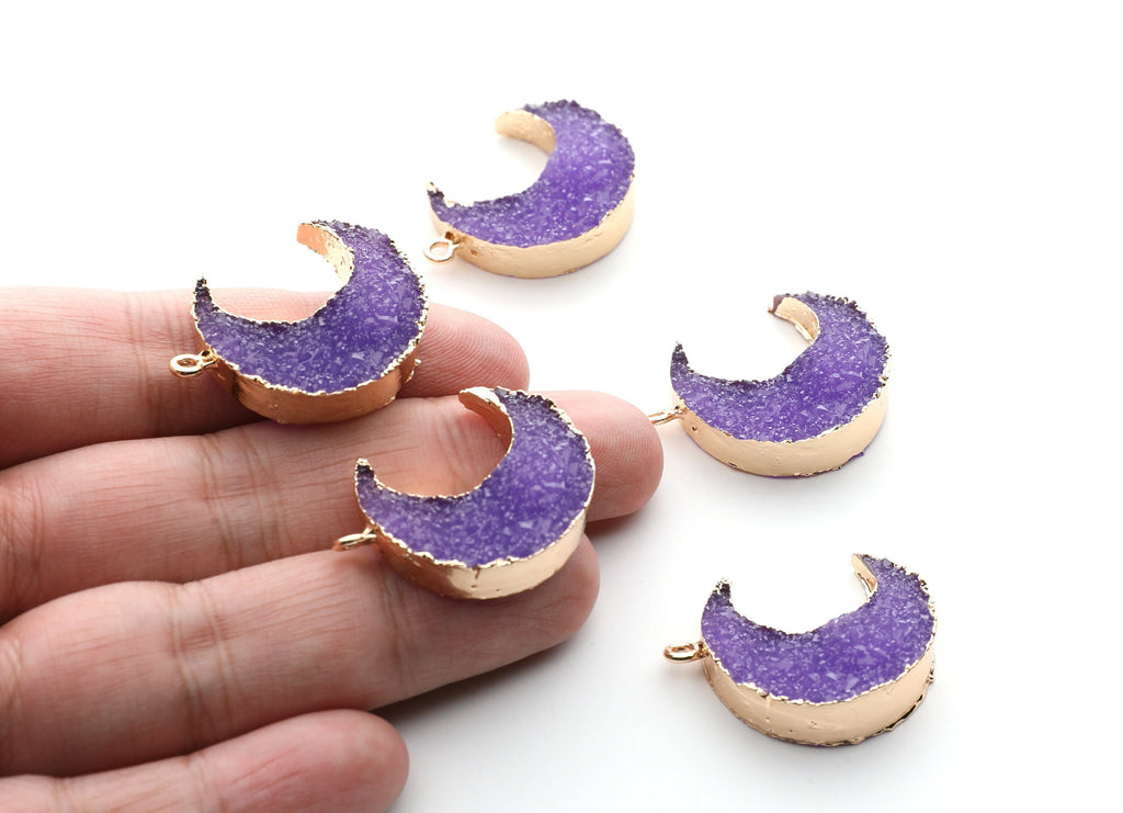 Druzy Earring Charms - Purple Resin Copper Earrings for Right Side - Big Moon Shaped Pendant  - 30.42x22.96x8.36mm - RC1002H - DOMEDBAZAAR