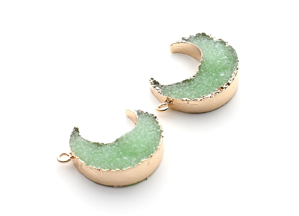 Druzy Earring Charms - Light Green Resin Copper Earrings for Right Side - Big Moon Shaped Pendant  - 30.42x22.96x8.36mm - RC1002J - DOMEDBAZAAR