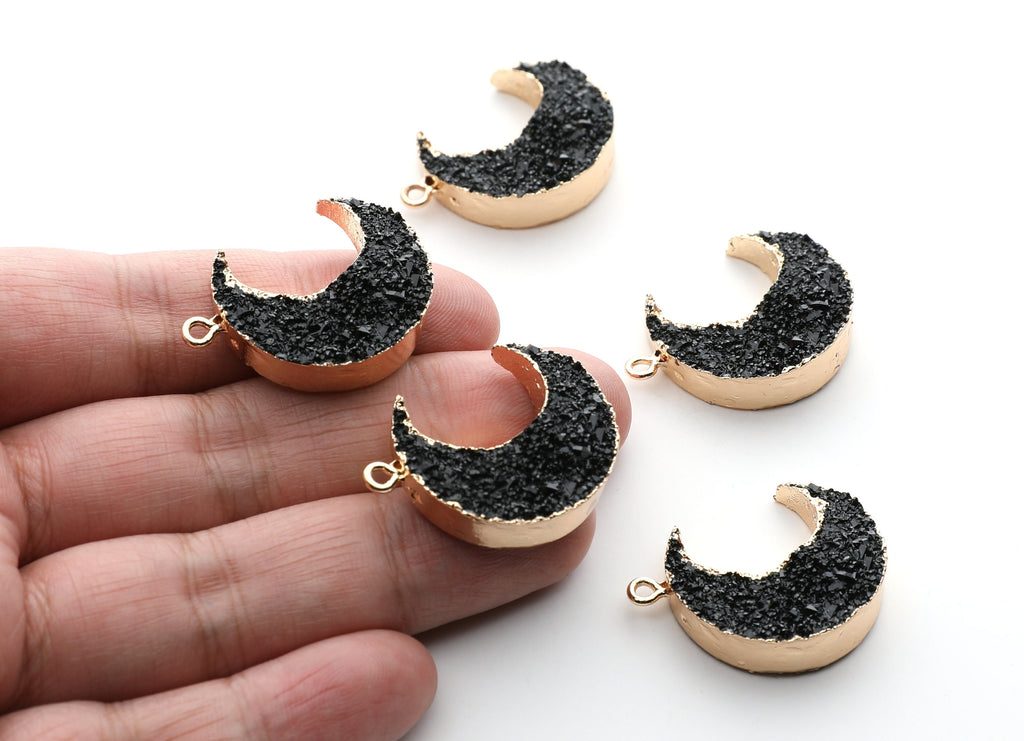 Druzy Earring Charms - Black Resin Copper Earrings for Right Side - Big Moon Shaped Pendant  - 30.42x22.96x8.36mm - RC1002K - DOMEDBAZAAR