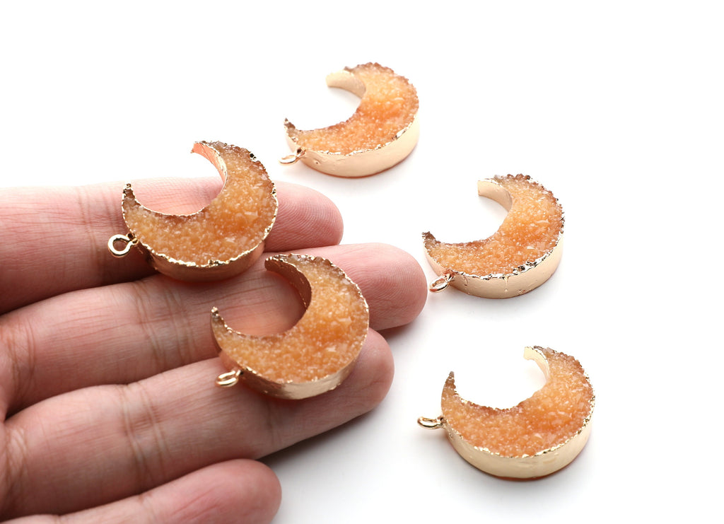 Druzy Earring Charms - Orange Resin Copper Earrings for Right Side - Big Moon Shaped Pendant  - 30.42x22.96x8.36mm - RC1002O - DOMEDBAZAAR