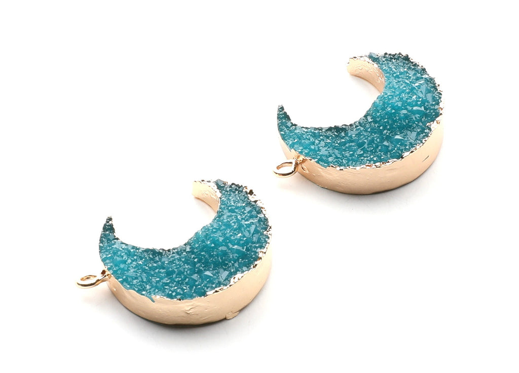 Druzy Earring Charms - Light Blue Resin Copper Earrings for Right Side - Big Moon Shaped Pendant  - 30.42x22.96x8.36mm - RC1002D - DOMEDBAZAAR