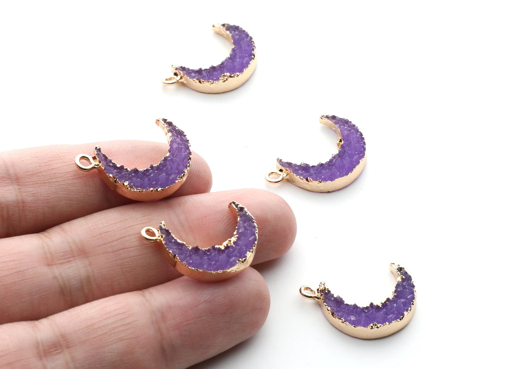 Druzy Earring Charms - Purple Resin Copper Earrings for Right Side - Moon Shaped Pendant  - 24.34x15.92x5.14mm - RC1007C - DOMEDBAZAAR