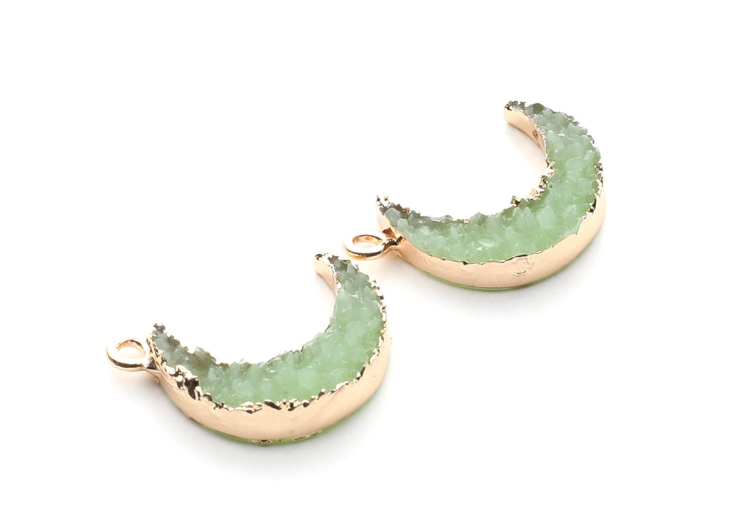Druzy Earring Charms - Light Green Resin Copper Earrings for Right Side - Moon Shaped Pendant  - 24.34x15.92x5.14mm - RC1007K - DOMEDBAZAAR
