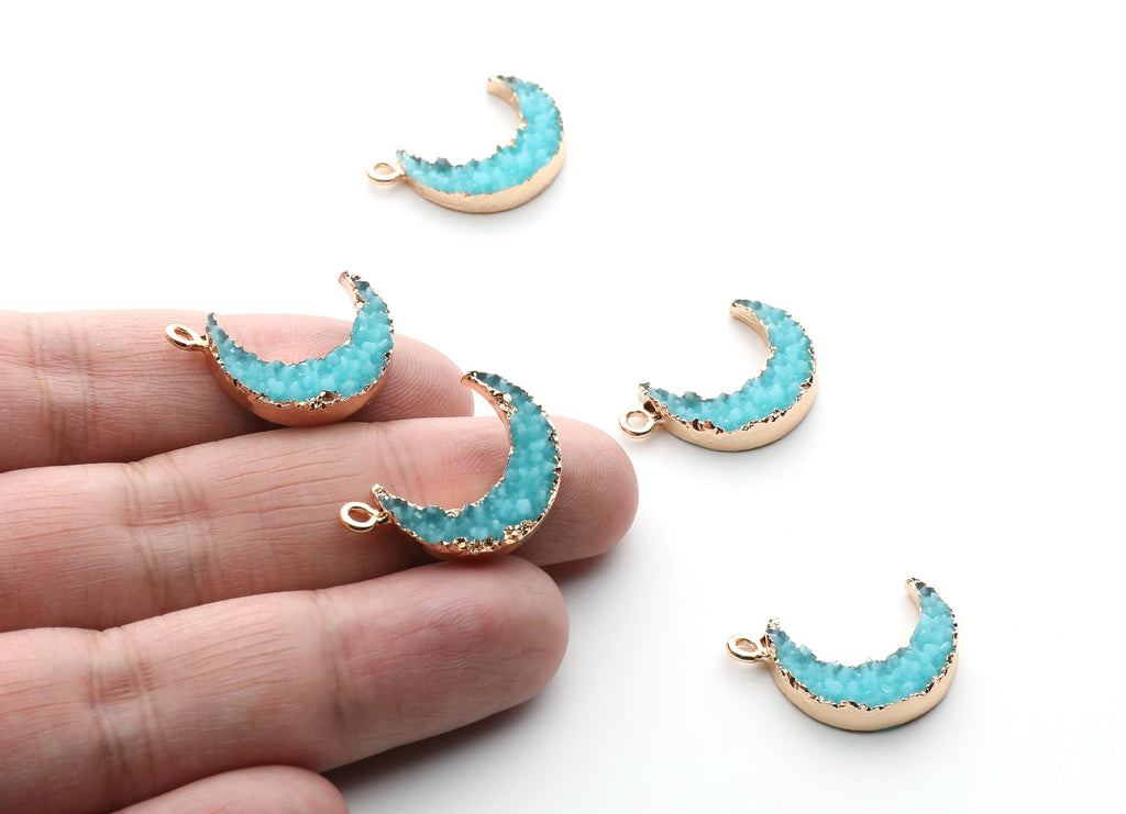 Druzy Earring Charms - Light Blue Resin Copper Earrings for Right Side - Moon Shaped Pendant  - 24.34x15.92x5.14mm - RC1007P - DOMEDBAZAAR