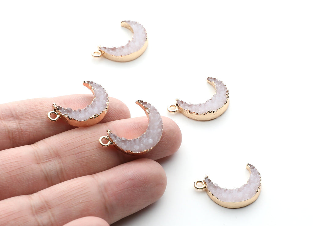 Druzy Earring Charms - White Resin Copper Earrings for Right Side - Moon Shaped Pendant  - 24.34x15.92x5.14mm - RC1007E - DOMEDBAZAAR