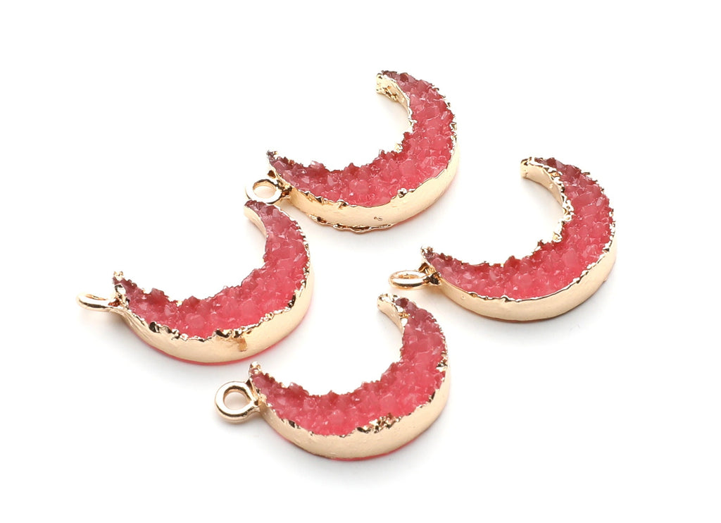 Druzy Earring Charms - Pink Resin Copper Earrings for Right Side - Moon Shaped Pendant  - 24.34x15.92x5.14mm - RC1007G - DOMEDBAZAAR