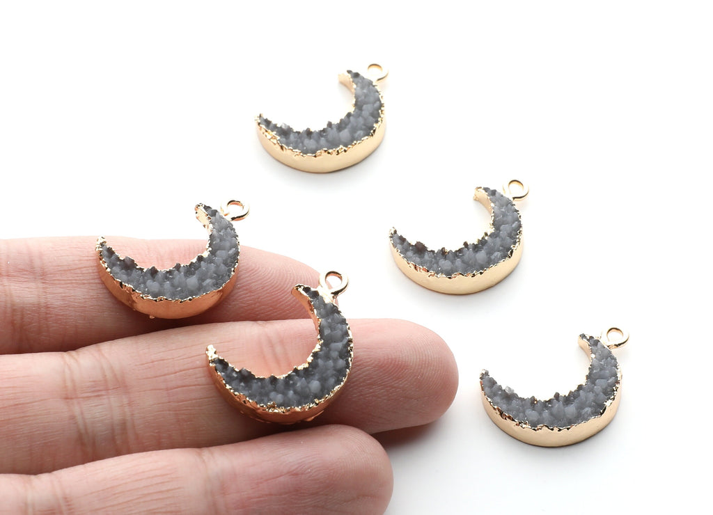 Druzy Earring Charms - Gray Resin Copper Earrings for Left Side - Moon Shaped Pendant  - 23.5x15.6x5.27mm - RC1006P - DOMEDBAZAAR