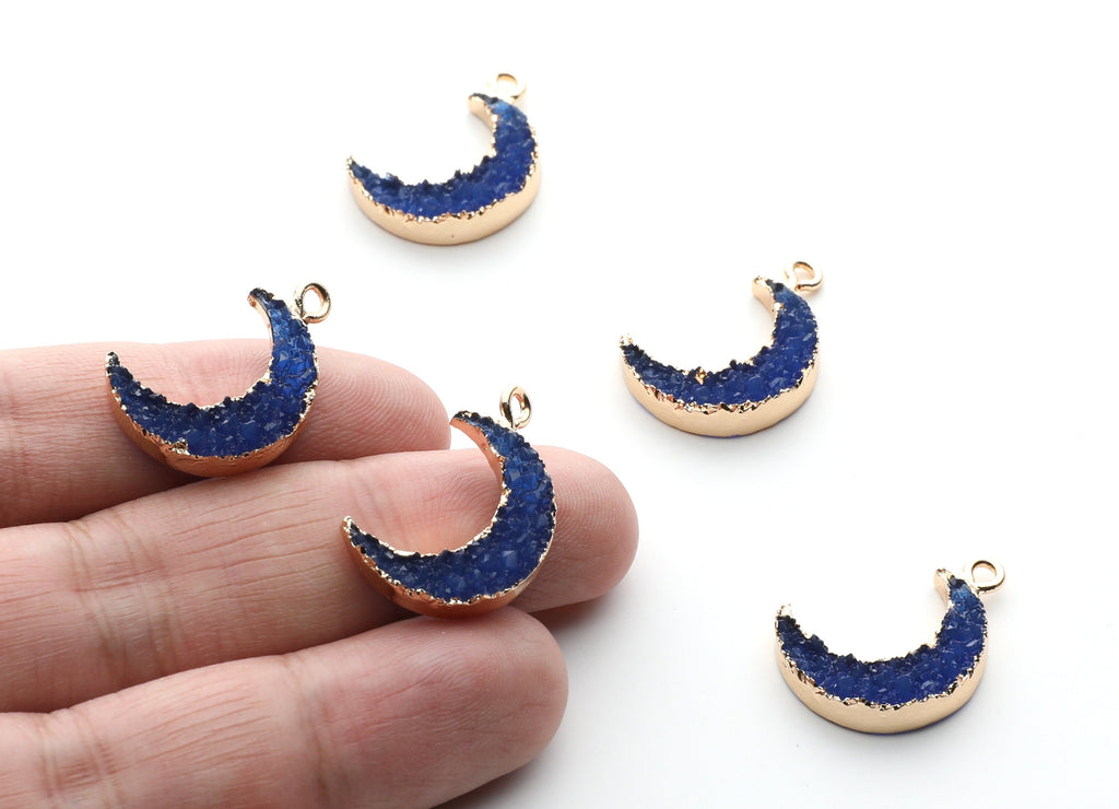 Druzy Earring Charms - Dark Blue Resin Copper Earrings for Left Side - Moon Shaped Pendant  - 23.5x15.6x5.27mm - RC1006A - DOMEDBAZAAR