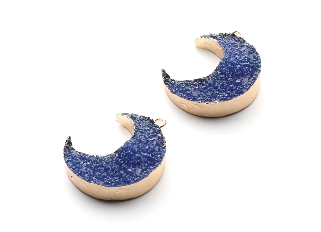Druzy Earring Charms - Dark Blue Resin Copper Earrings for Left Side - Big Moon Shaped Pendant  - 30.42x22.96x8.36mm - RC1004A - DOMEDBAZAAR