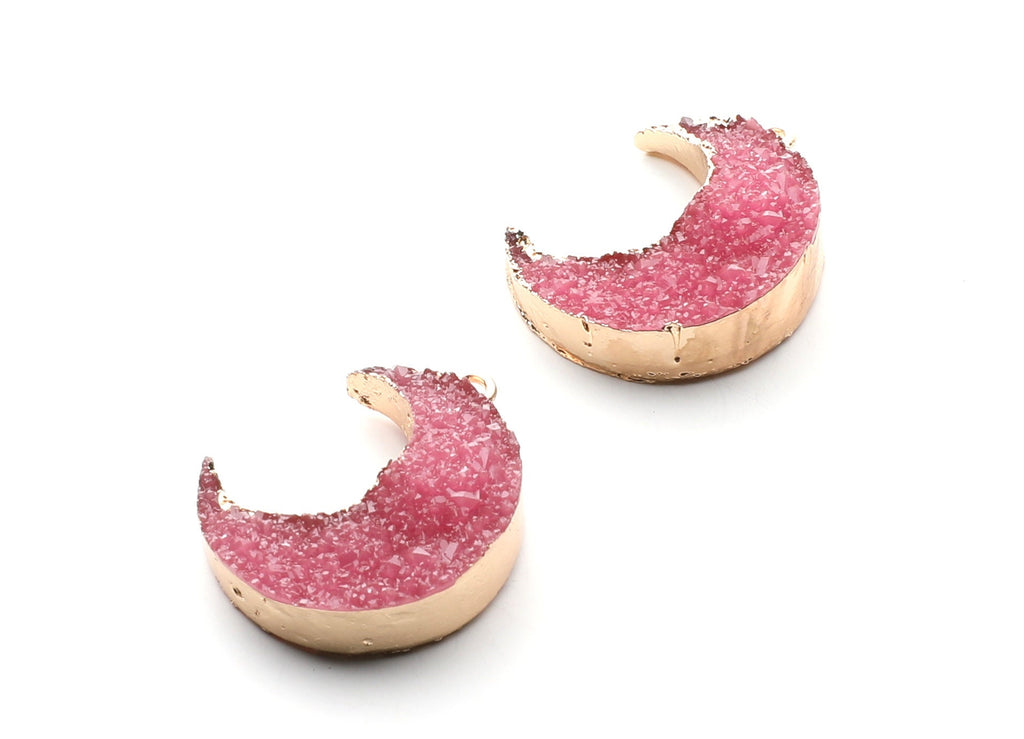 Druzy Earring Charms - Dark Pink Resin Copper Earrings for Left Side - Big Moon Shaped Pendant  - 30.42x22.96x8.36mm - RC1004B - DOMEDBAZAAR