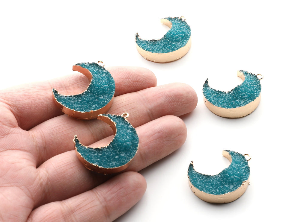 Druzy Earring Charms - Light Blue Resin Copper Earrings for Left Side - Big Moon Shaped Pendant  - 30.42x22.96x8.36mm - RC1004C - DOMEDBAZAAR