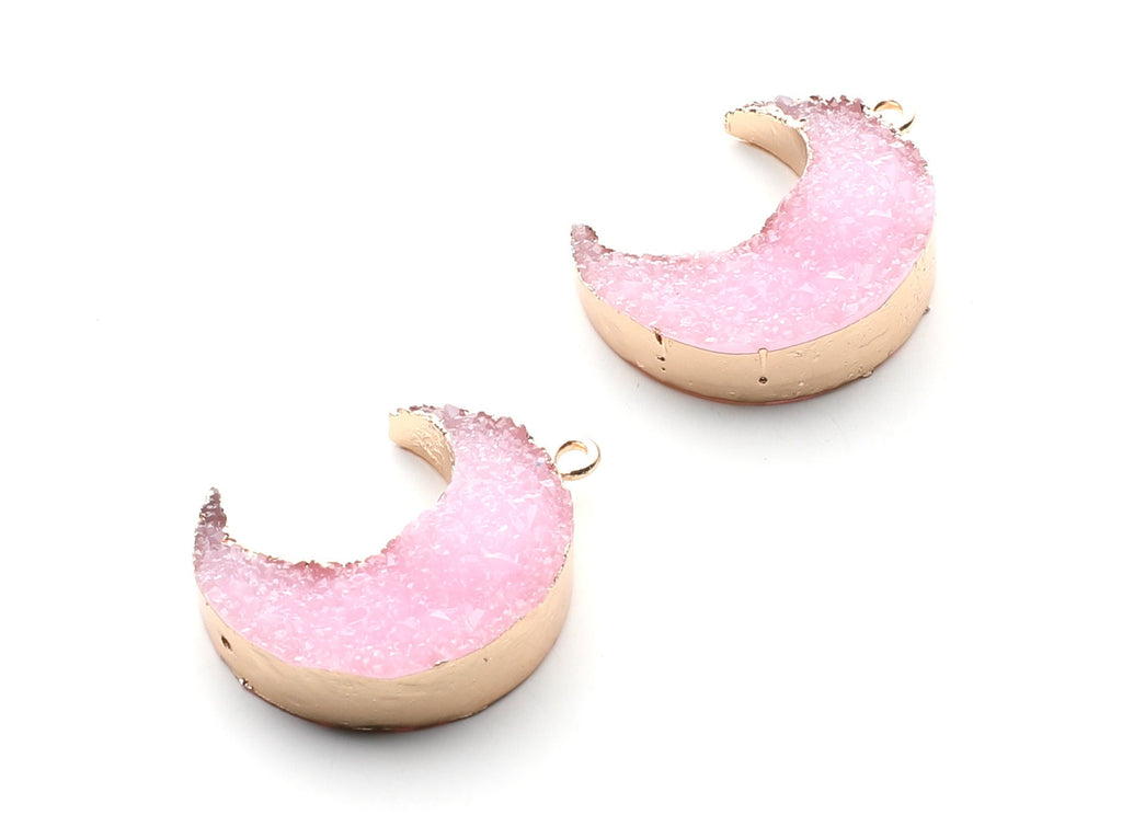 Druzy Earring Charms - Pink Resin Copper Earrings for Left Side - Big Moon Shaped Pendant  - 30.42x22.96x8.36mm - RC1004F - DOMEDBAZAAR