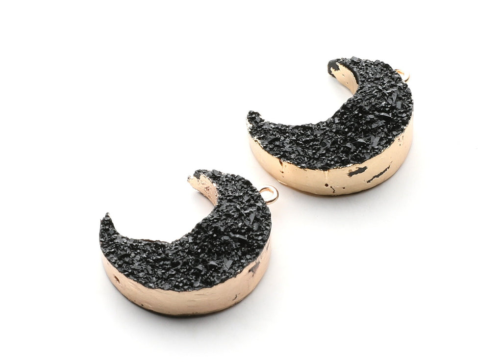 Druzy Earring Charms - Black Resin Copper Earrings for Left Side - Big Moon Shaped Pendant  - 30.42x22.96x8.36mm - RC1004L - DOMEDBAZAAR