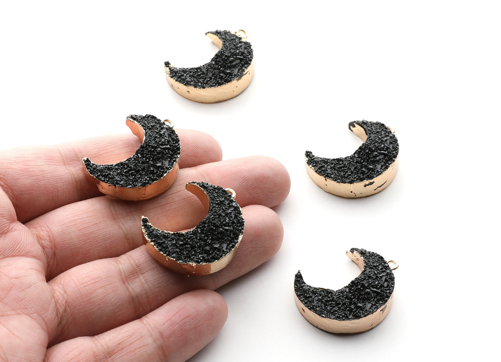 Druzy Earring Charms - Black Resin Copper Earrings for Left Side - Big Moon Shaped Pendant  - 30.42x22.96x8.36mm - RC1004L - DOMEDBAZAAR