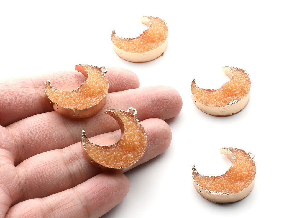 Druzy Earring Charms - Orange Resin Copper Earrings for Left Side - Big Moon Shaped Pendant  - 30.42x22.96x8.36mm - RC1004O - DOMEDBAZAAR