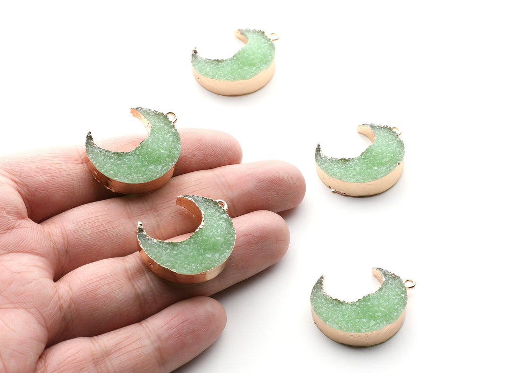 Druzy Earring Charms - Light Green Resin Copper Earrings for Left Side - Big Moon Shaped Pendant  - 30.42x22.96x8.36mm - RC1004P - DOMEDBAZAAR