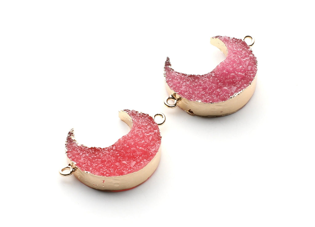 Druzy Bracelet and Necklace Charms - Dark Pink Resin Copper Bracelet and Necklace - Big Moon Shaped Pendant - 34x23.4x8.5mm - RC1003B - DOMEDBAZAAR