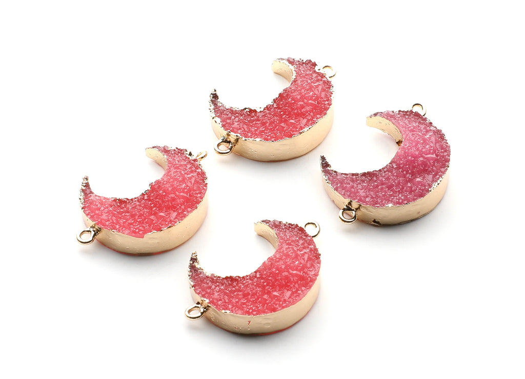 Druzy Bracelet and Necklace Charms - Dark Pink Resin Copper Bracelet and Necklace - Big Moon Shaped Pendant - 34x23.4x8.5mm - RC1003B - DOMEDBAZAAR