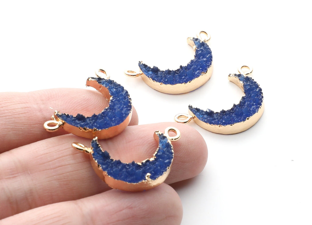 Druzy Bracelet and Necklace Charms - Dark Blue Resin Copper Bracelet and Necklace - Moon Shaped Pendant - 26.5x15.5x4.77mm - RC1005C - DOMEDBAZAAR