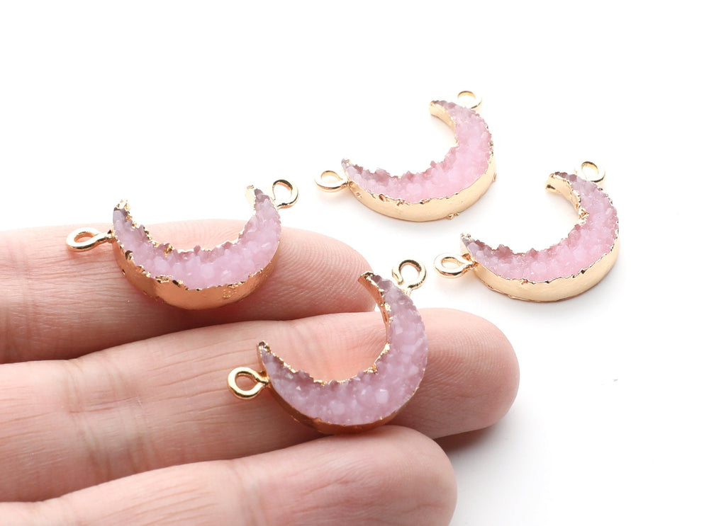 Druzy Bracelet and Necklace Charms - Light Pink Resin Copper Bracelet and Necklace - Moon Shaped Pendant - 26.5x15.5x4.77mm - RC1005E - DOMEDBAZAAR