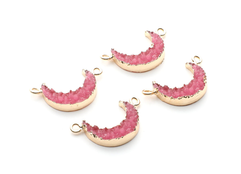 Druzy Bracelet and Necklace Charms - Dark Pink Resin Copper Bracelet and Necklace - Moon Shaped Pendant - 26.5x15.5x4.77mm - RC1005J - DOMEDBAZAAR