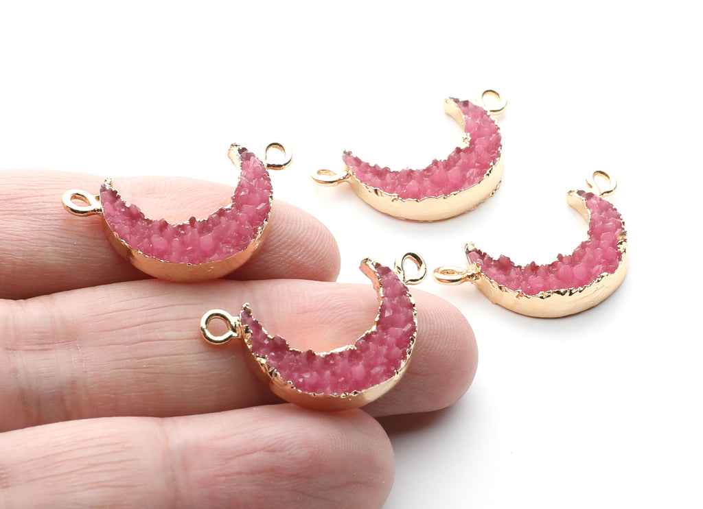 Druzy Bracelet and Necklace Charms - Dark Pink Resin Copper Bracelet and Necklace - Moon Shaped Pendant - 26.5x15.5x4.77mm - RC1005J - DOMEDBAZAAR