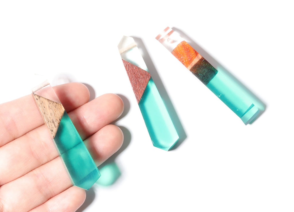 Wood Resin Pendant - Natural Mahogany Wooden Charms - Green Epoxy Resin Necklace - Jewelry Supplies - Wooden Beads - 62x13x9mm - BB1024GW - DOMEDBAZAAR
