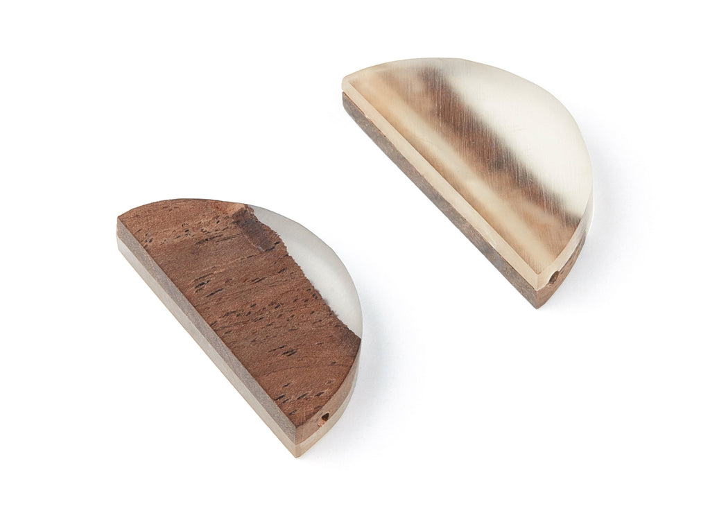 Epoxy Ebony Wood Pendant - Resin&Wood Semicircle Pendant - Clear and Brown Half Moon Pendant with 2 Holes  - 15.7x31.8x5.67mm - BB1051D - DOMEDBAZAAR