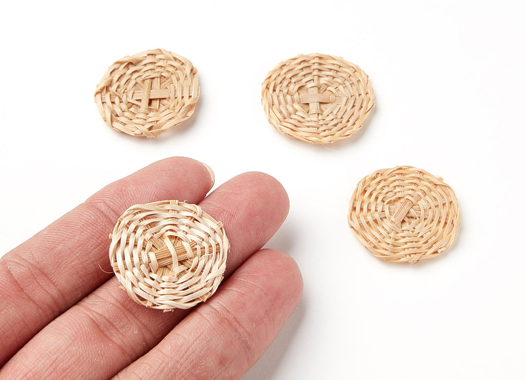Handwoven Rattan Earrings - Coin Shaped Rattan Pendant - Wooden Straw Earring - Jewelery Handmade - 26,3x26,3x3,36mm - RT1086 - DOMEDBAZAAR