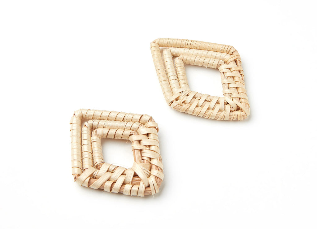 Handwoven Rattan Earrings - Diamond Shaped Rattan Pendant - Wooden Straw Earring - Jewelery Handmade - 51.71x36.05x4.39mm - RT1001 - DOMEDBAZAAR