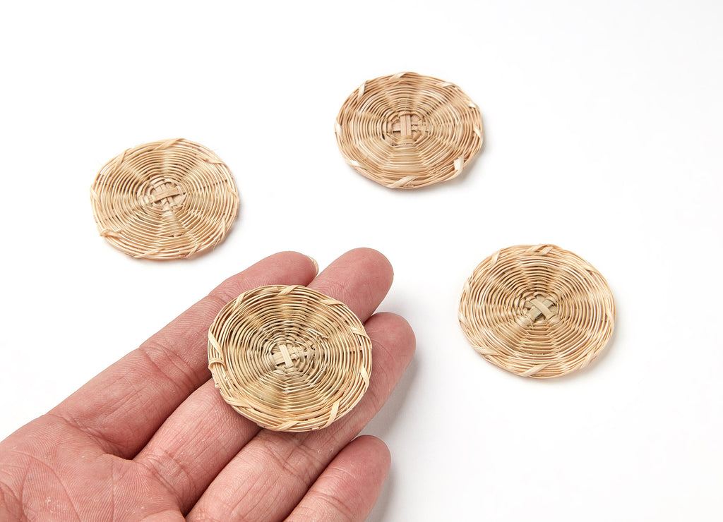 Handwoven Rattan Earrings - Coin Shaped Rattan Pendant - Wooden Straw Earring - Jewelery Handmade - 42,2x42,2x3,25mm - RT1089 - DOMEDBAZAAR