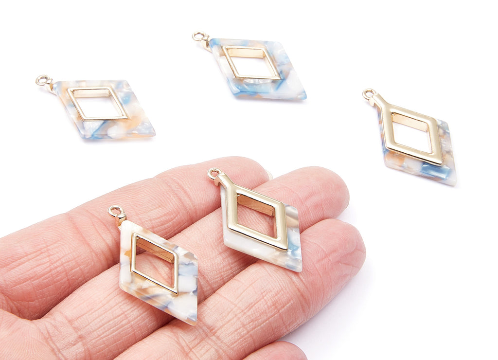 Alloy Frame Cellulose Acetate Charms - Acetate Acrylic Earring Charm - Rhombus Pendant -Jewelery Making- 36.04x20.1x4.1mm - AC1185C - DOMEDBAZAAR