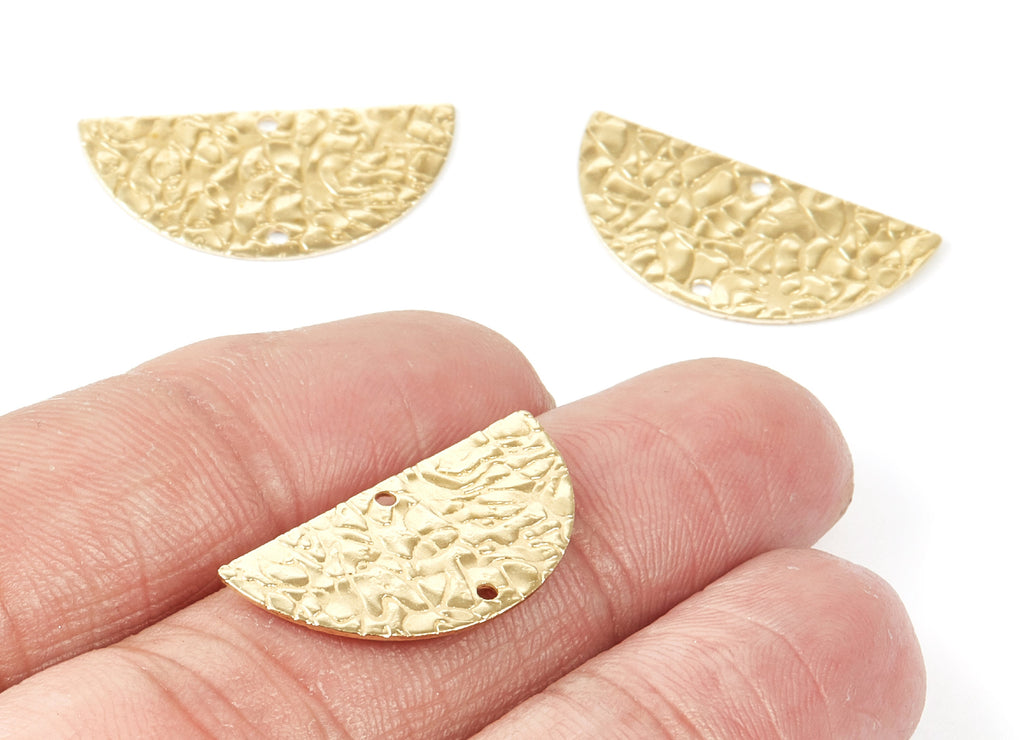 Brass Half Moon Charms - Fish Scale Textured SemiCircle Raw Brass Connector with 2 Holes - Jewelry Supplies - 25x12.5x0.66mm - PP2081 - DOMEDBAZAAR